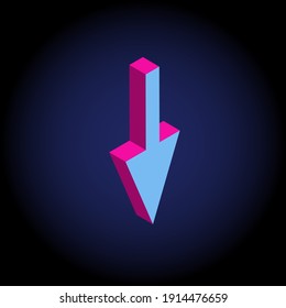 Neon colors isometric 3d down arrow. For illustration, advertising, game, print, web, poster, icon, pictogram, packaging.