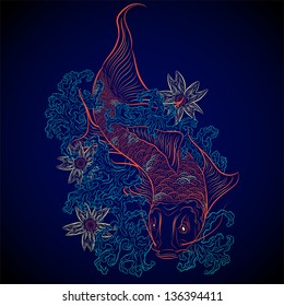 neon colors japanese carp fish Koi on dark blue background