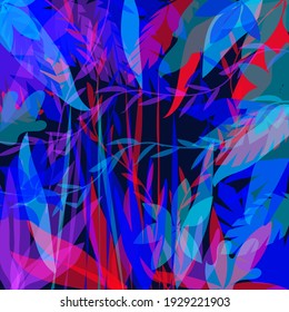 Vector de patrón de jungla de colores neones. Flores y hojas tropicales azules y rosas, impresión surrealista. Papeles misteriosos, gráficos botánicos simples