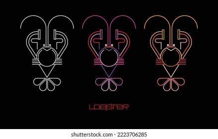 Neon colors line art design isolated on a black background Lobster Logo vector illustration. Three options of a stylized silhouette of a lobster.