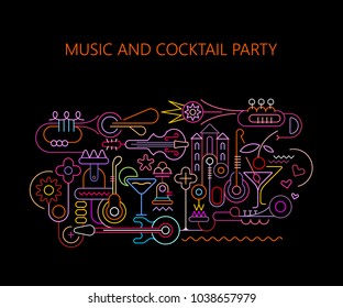 Neon colors on a black background Music and Cocktail Party vector illustration. Art line with musical instruments and cocktail glasses, poster design template.