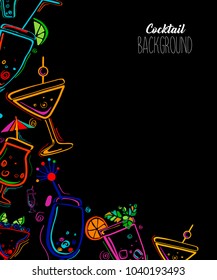 Neon colors on a black background Cocktail Party vector illustration. Template design for menu, bar.