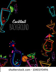 Neon Colors On A Black Background Cocktail Party Vector Illustration. Template Design For Menu, Bar.