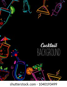 Neon colors on a black background Cocktail Party vector illustration. Template design for menu, bar.