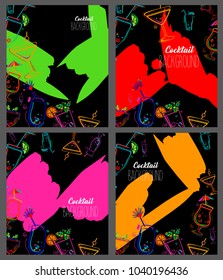 Neon colors on a black background Cocktail Party set. Vector illustration. Template design for menu, bar.Template design for menu, bar.