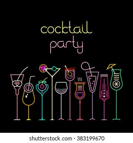 Neon colors on a black background Cocktail Party vector illustration. Ten various cocktail glasses and Cocktail Party text. Invitation vector poster.
