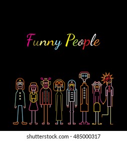 Neon colors on a black background Funny People vector illustration. 