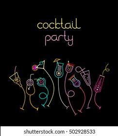 Neon colors on a black background Cocktail Party vector illustration. Nine various cocktail glasses and Cocktail Party text. Invitation vector poster.