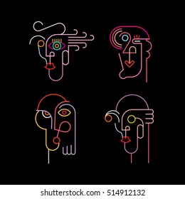 Neon colors on a black background four vector avatars. Abstract art portraits. 