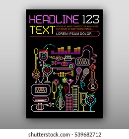 Neon colors on a black background Nightclub Disco Party vector artwork. Multipurpose flyer design, template of magazine cover, size A4.