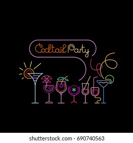 Neon Colors On A Black Background Cocktail Party Vector Illustration. Various Cocktail Glasses And Cocktail Party Text. Invitation Vector Poster Design.