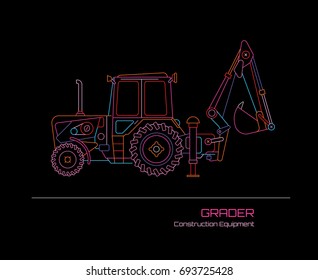 Neon colors on a black background Grader Tractor vector illustration. Construction equipment poster template design.