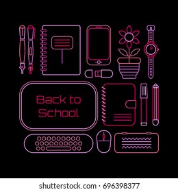 Neon colors on a black background Back to School vector illustration. Design of many various school supplies.
