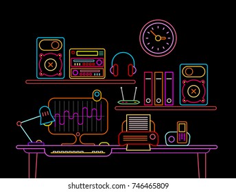 Neon colors on a black background Modern Workplace vector illustration.