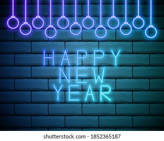 Neon colors on a brick wall background Happy New Year 2021 vector template design. Christmas balls and text design