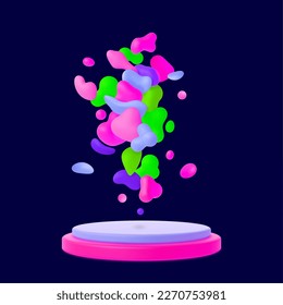 Neon colors splash, 3d liquid shapes bright abstract composition on podium. Retro 80s 90s design, colorful chewing candies. Y2k vector design