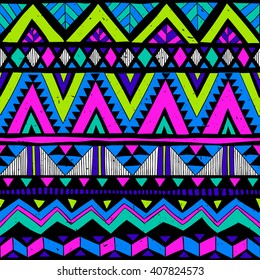 neon colors tribal Navajo vector seamless pattern with doodle elements. aztec abstract geometric art print. ethnic hipster backdrop. Wallpaper, cloth design, fabric, paper, cover, textile. Hand drawn