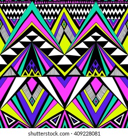 neon colors tribal Navajo vector seamless pattern with doodle elements. aztec abstract geometric art print. ethnic hipster backdrop. Wallpaper, cloth design, fabric, paper, cover, textile. Hand drawn