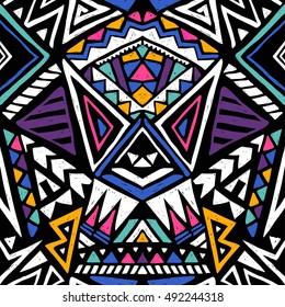 neón colores tribal vectorial sin fisuras con triángulos. huella de arte geométrico abstracto azteca. fondo portador de hipster étnico. Papel tapiz, tela, papel, plantilla textil. Dibujado a mano