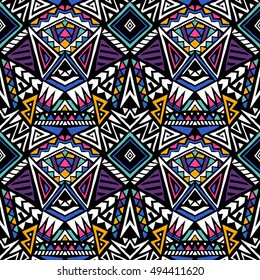 neon colors tribal vector seamless pattern with triangles. aztec abstract geometric art print. ethnic hipster background. Wallpaper, cloth design, fabric, paper, textile template. Hand drawn