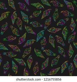 Neon colors vector ice cream on the black background seamless pattern. Sweet dessert for wrapper or textile surface.