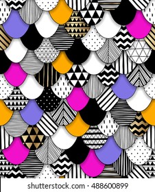 Neon colors vector seamless pattern with triangles. Geometric mosaic art print. Abstract vector background. Creative graphic design template. Wallpaper, fabric, textile, wrapping paper. Hand drawn