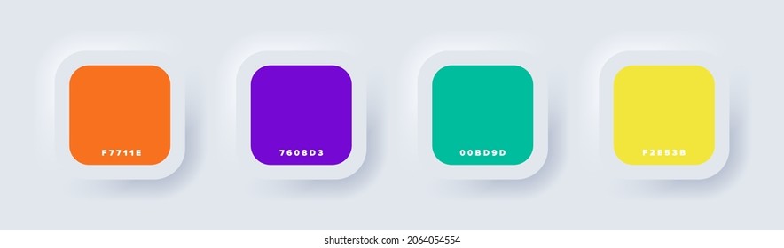 Neon colour Guide Palette Catalog. Multicolor green purple yellow orange pink cyan. Colorful soft buttons or vivid color spheres flat. Samples Pastel. Neomorphism Vector illustration