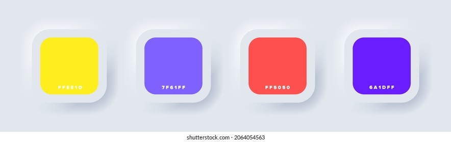 Neon colour Guide Palette Catalog. Multicolor green purple yellow orange pink cyan. Samples Pastel and Neon in RGB HEX. Neomorphism Vector illustration