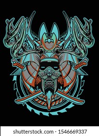 neon colour tiger sabertooth Samurai Mask cross katana with sacred Geometry background for t shirt , poster ,stiker design