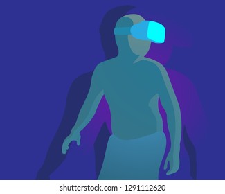 A neon coloured illustration of a man wearing a virtual reality VR glasses and looking around.