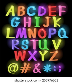 Neon coloured letters of the alphabet