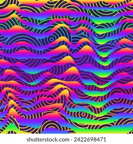 Neon colourful geometric waves. Seamless pattern