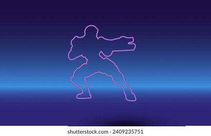 Neon combat robot symbol on a gradient blue background. The isolated symbol is located in the bottom center. Gradient blue with light blue skyline