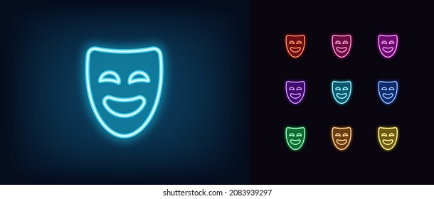 Neon comedy mask, outline icon. Glowing neon comedian mask, humor face pictogram in vivid colors. Comic theatrical performance, comedy show, laugh face. Vector icon set, symbol for UI