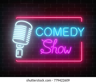 Neon comedy show sign with retro microphone on a brick wall background. Humor monolog glowing signboard. Vector illustration.