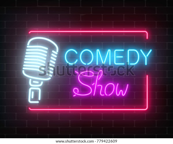 Neon comedy show sign with retro microphone\
on a brick wall background. Humor monolog glowing signboard. Vector\
illustration.
