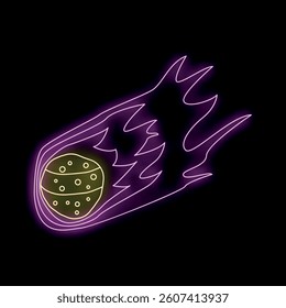 Neon comet is flying leaving a bright trail on a dark background