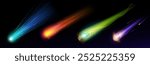 Neon comets set isolated on black background. Vector realistic illustration of asteroid rocks flying in sky with blue ice, orange fire, purple and green trails, meteorite rain, space galaxy elements