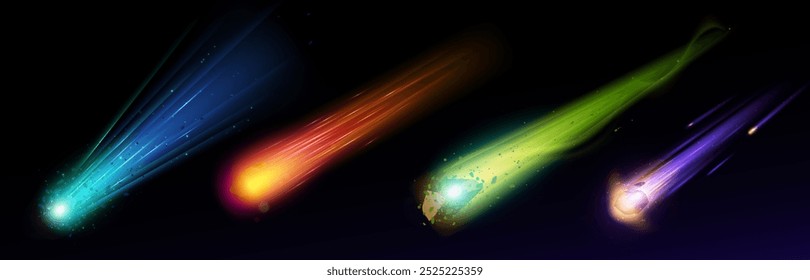 Cometas néon são isolados sobre fundo preto. Ilustração vetorial realista de rochas de asteroides voando no céu com gelo azul, fogo laranja, trilhas roxas e verdes, chuva de meteoritos, elementos de galáxia do espaço