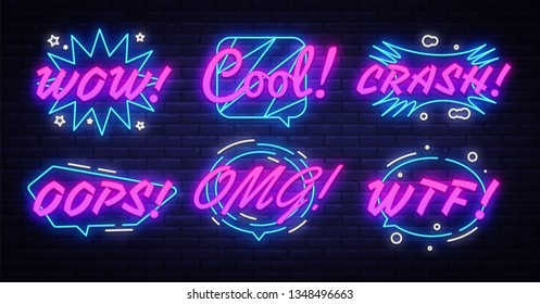 Neon comic speech bubbles set with different emotions and text Wow, Cool, Crash, Oops, Omg, Wtf. Pop Art - Neon Signs, design element colorful modern design trend. Vector illustration