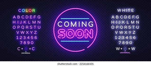 Neon Coming Soon for web marketing design. Business banner. Message notification. Neon glow background. Vector illustration