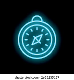 Neon compass with glowing blue light showing direction on black background