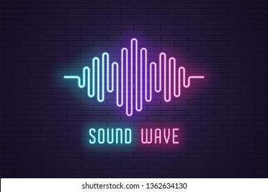 Neon composition of Digital sound wave. Vector abstract illustration of neon Music wave shape. Wavy motion glowing line, pulsating audio track. Isolated outline icon, symbol. Blue violet pink gradient
