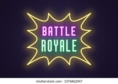 Neon composition of headline Battle Royale. Vector illustration of glowing Neon text Battle Royale. Bright digital signboard for Gaming industry and Esports. Purple, green and yellow color
