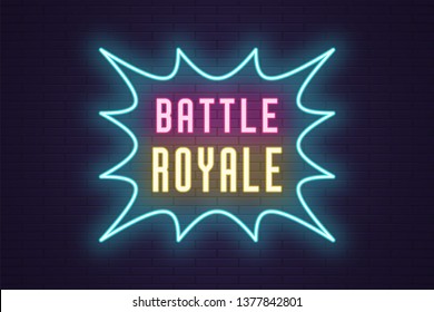 Neon composition of headline Battle Royale. Vector illustration of glowing Neon text Battle Royale. Bright digital signboard for Gaming industry and Esports. Pink, yellow and blue color