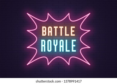 Neon composition of headline Battle Royale. Vector illustration of glowing Neon text Battle Royale. Bright digital signboard for Gaming industry and Esports. Orange, blue and pink color