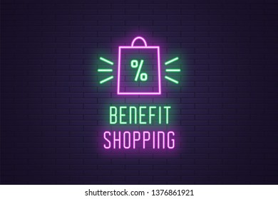 Neon composition of headline Benefit Shopping. Vector illustration of glowing Neon Bag and text Benefit Shopping. Bright digital signboard for E-commerce business. Green and purple color