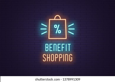 Neon composition of headline Benefit Shopping. Vector illustration of glowing Neon Bag and text Benefit Shopping. Bright digital signboard for E-commerce business. Blue and orange color