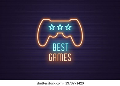 Neon composition of headline Best Games. Vector illustration of glowing Neon gaming Controller with Rating stars and text Best Games. Bright digital signboard for Esports. Blue and orange color