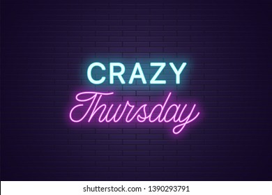 Neon composition of headline Crazy Thursday. Glowing Neon text Crazy Thursday, uppercase and lettering style. Bright digital signboard. Template for banner, Vector illustration. Blue and purple color